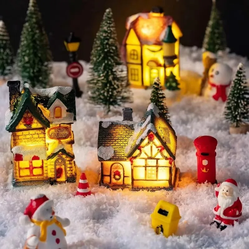 Muñeco de nieve, Papá Noel, adorno de luz LED, decoración de Año Nuevo para el hogar y el dormitorio, casa de resina con micropaisaje, casa de nieve brillante de Navidad