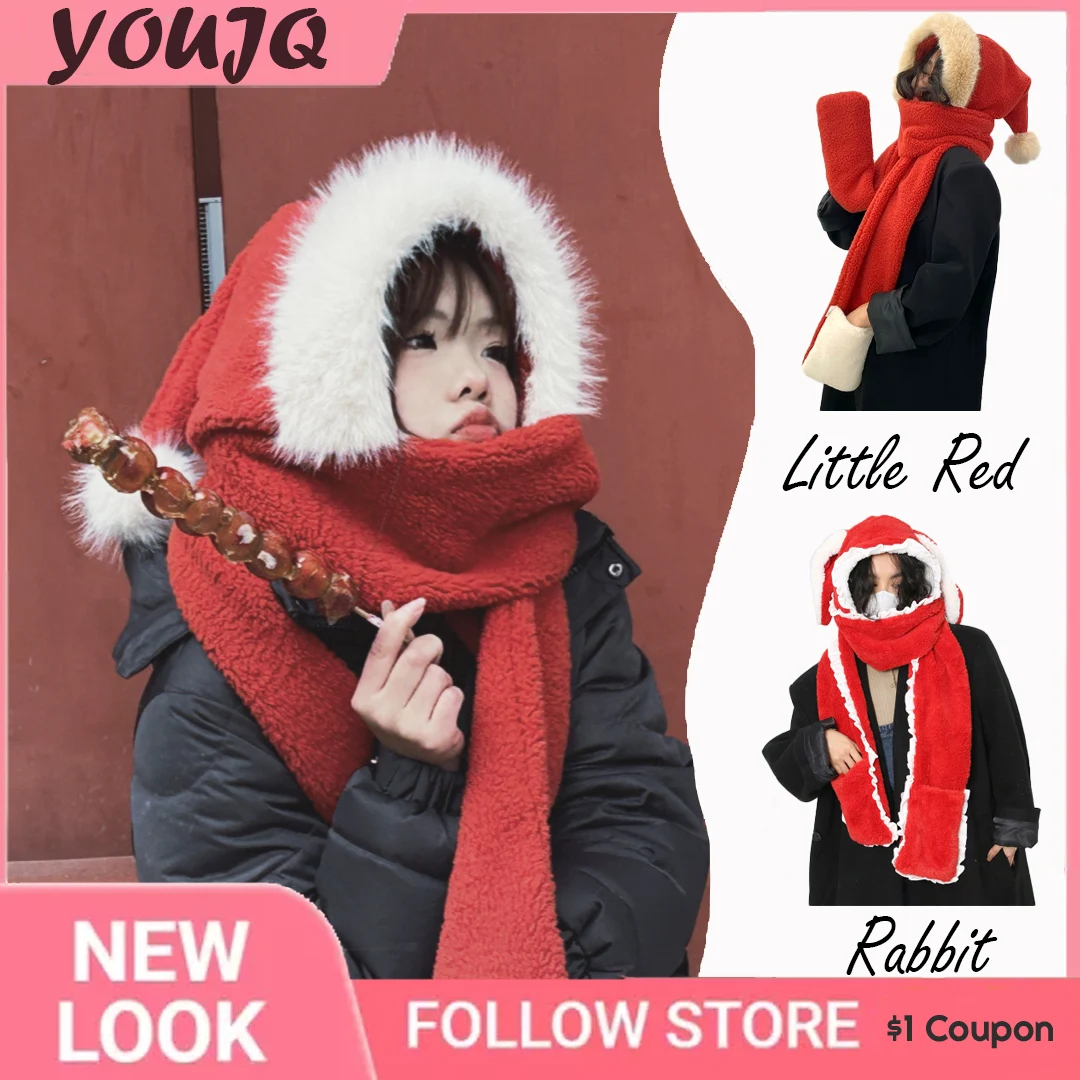 Sweet Red Winter Women Novelty Beanies Caps Warm Rabbit Ear Hat Casual Plush Hat Scarf Set Casual Women Caps Christmas Present