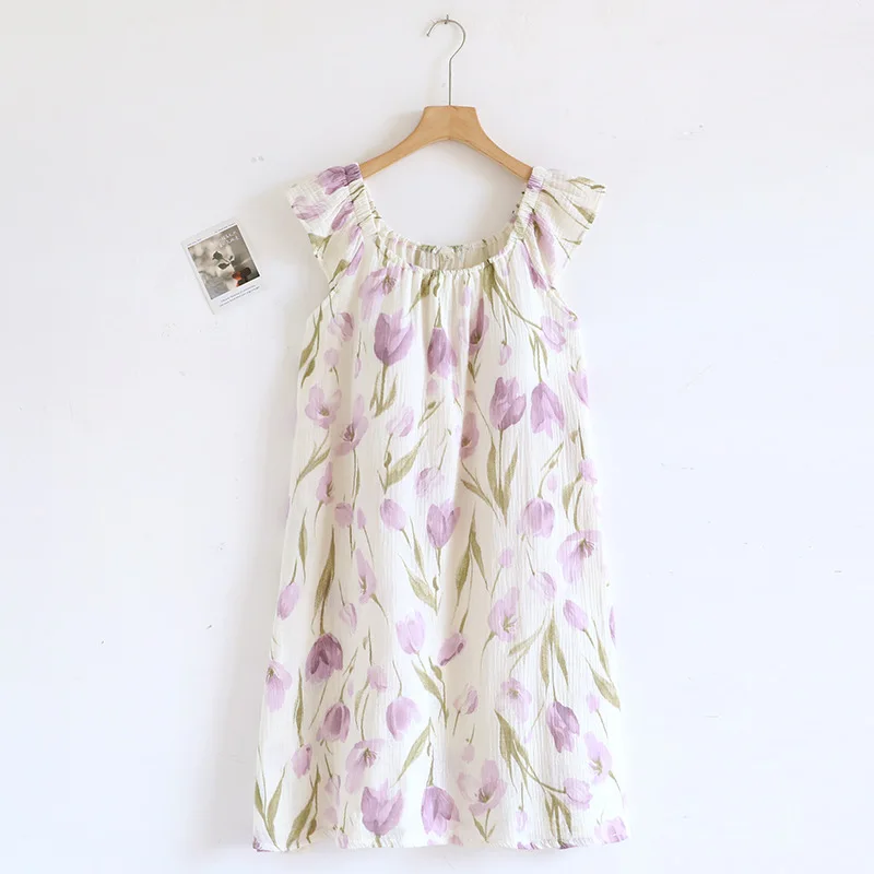 2026 New Summer Women's Sleeping Skirt 100% Cotton Crepe Cloth with Chest Cushion Tank Top Skirt Loose Thin Large Home Clothing