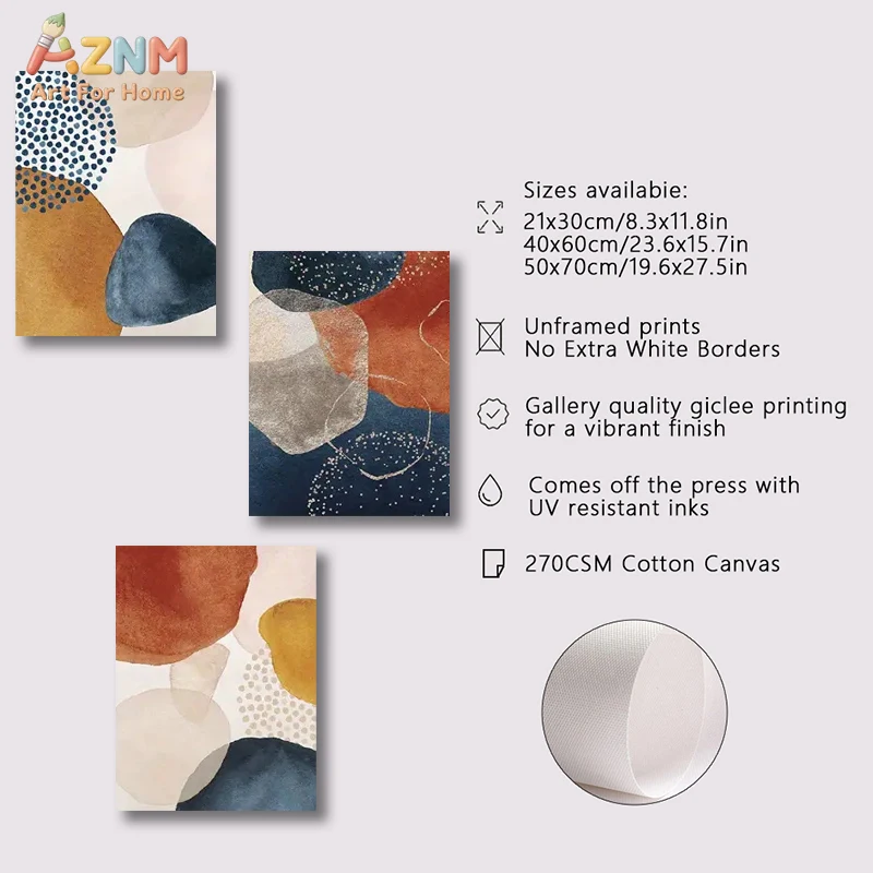 3pcs AZNM Boho Terracotta Navy Abstract Watercolor Canvas Wall Art, Minimalist Geometric Dot Color Block Poster, Mid Century Mod