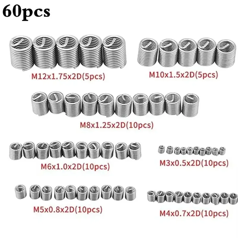 60Pcs Fastening M3-M12 Stainless Steel Spiral Wire Screw for Helical Repair Easy Install Wire Thread Insert Thread Repair Kit