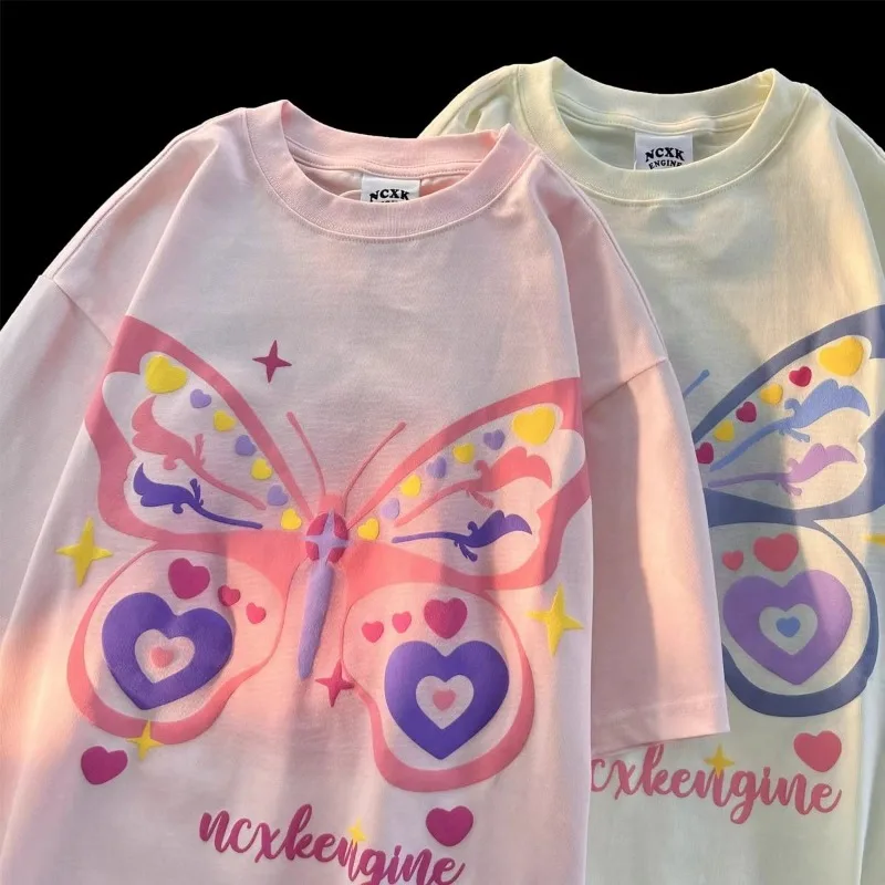 EBAIHUI New Cute Butterfly Print Round Neck Short Sleeved T-shirt Summer Preppy Style Women Tee Round Neck Versatile Best Friend