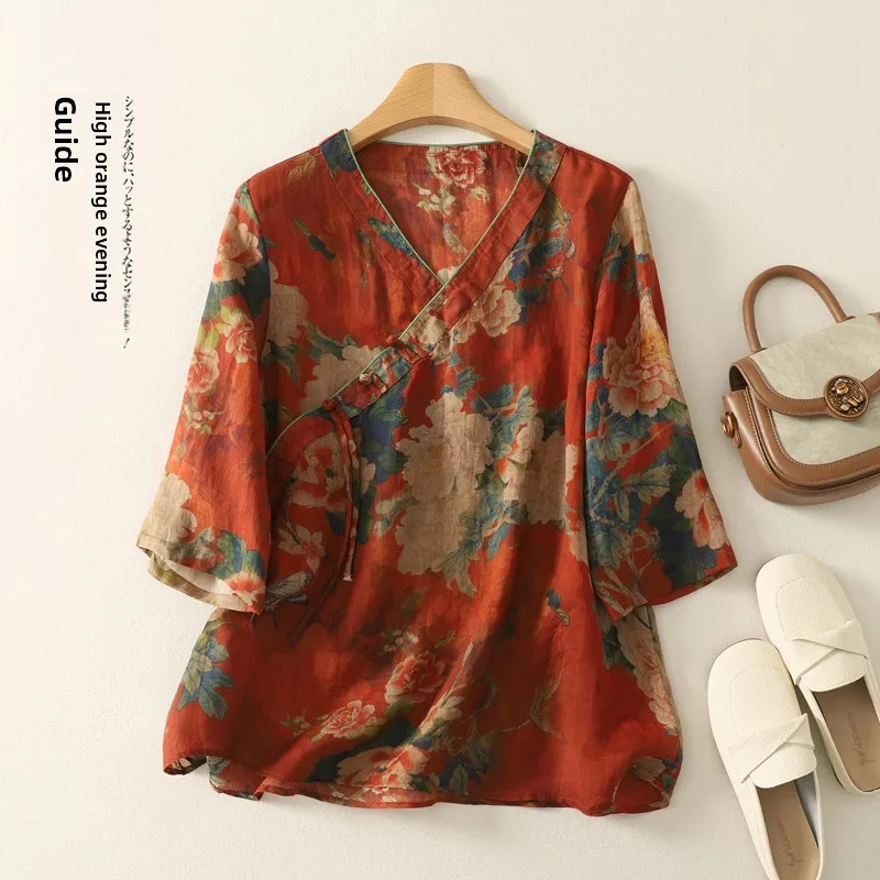 

Новая китайская женская летняя легкая блузка из хлопка и льна с цветочным принтом, на пуговицах, свободного кроя, с V-образным вырезом и коротким рукавом