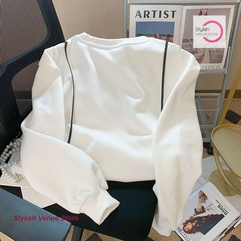 French design sense of love stitching shoulder pad sweater women spring new niche fashion temperament loose age round neck top