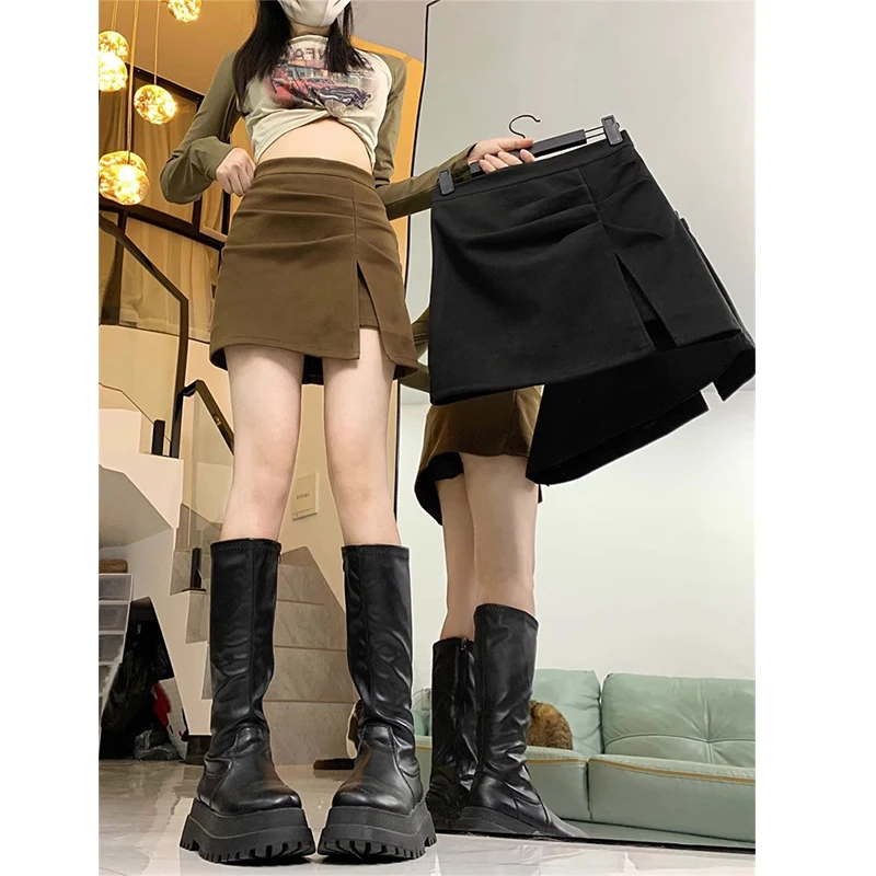 

Юбка А-силуэта с высокой талией для женщин, с разрезом, из полиэстера, в корейском стиле, плиссированная, короткая, для повседневной носки