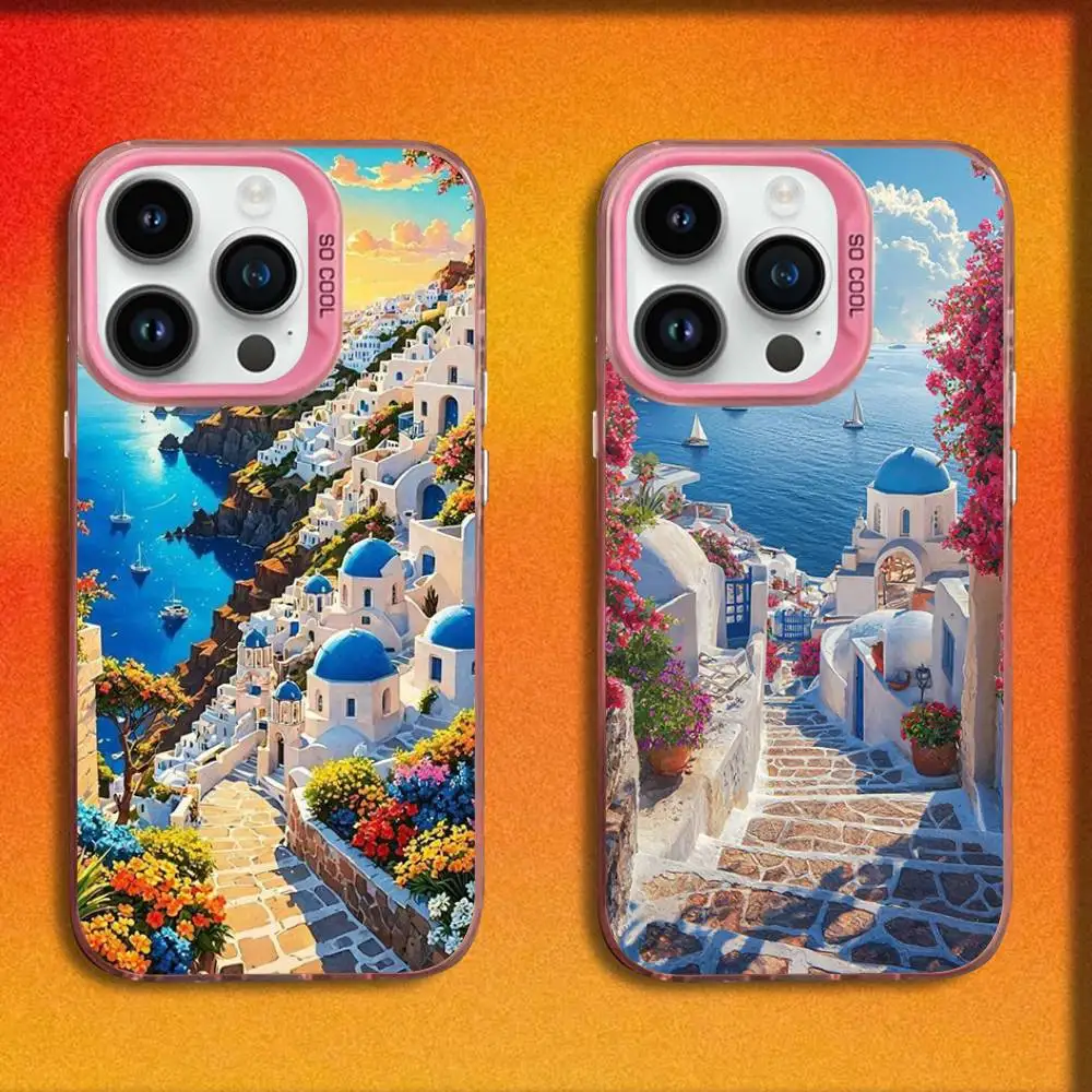 

Beautiful Santorini Greece Phone Case For iPhone 17,16,15,14,13,12,11,Pro,Max,Plus,E,SE4,Air,Mini Pink IMD Box