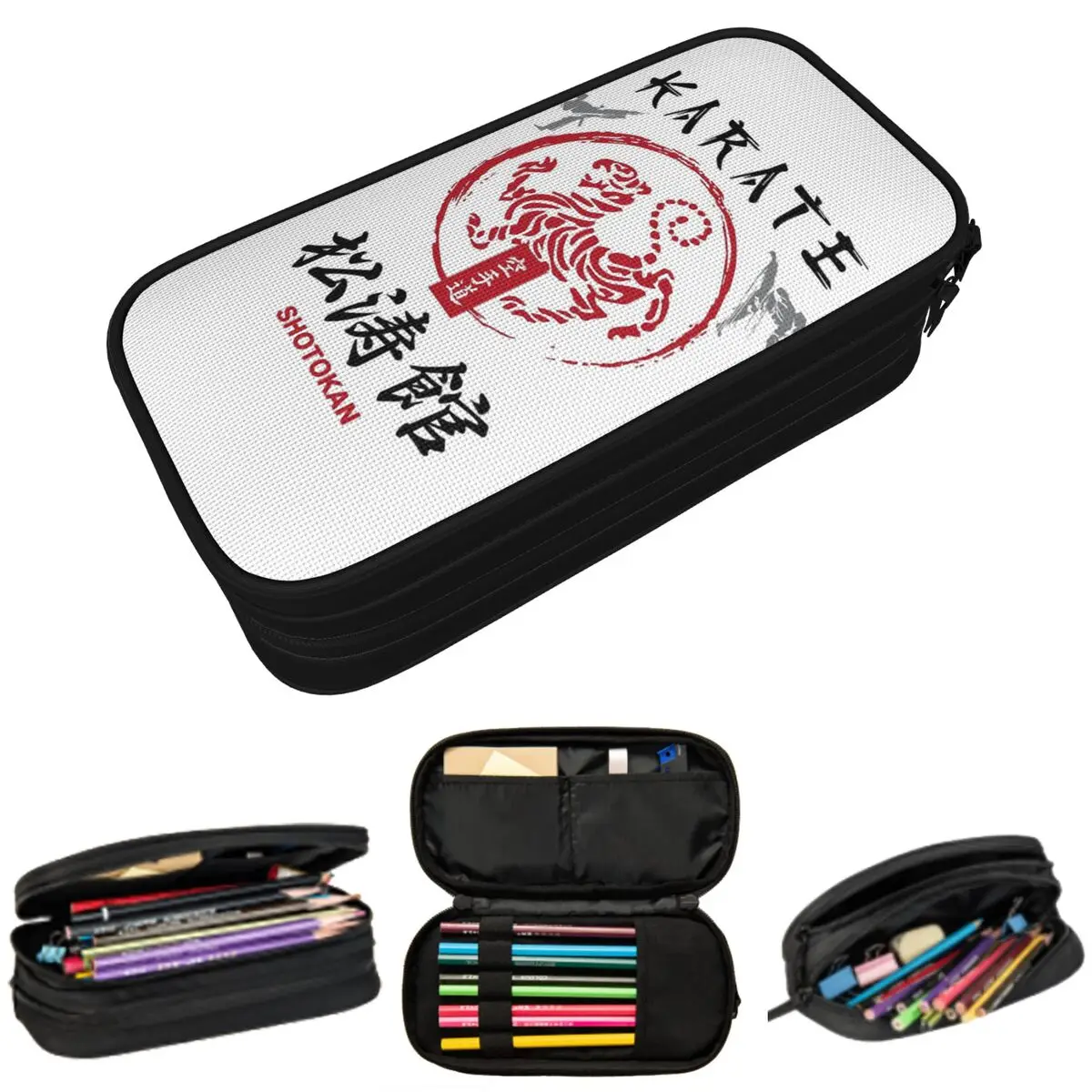 Federmäppchen mit Shotokan-Karate-Symbol und Kanji-Text in Weiß für Jungen und Mädchen, Stiftbox, Stifttasche, Schreibwaren, Stifthalter-Tasche