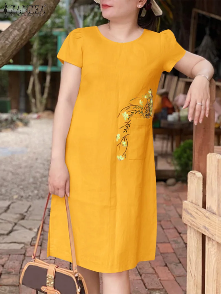 

ZANZEA Short Puff Sleeve Everyday Knee-length Dresses Loose Holiday Casual 2024 Summer Sundress Embroidery Women A-line Vestidos