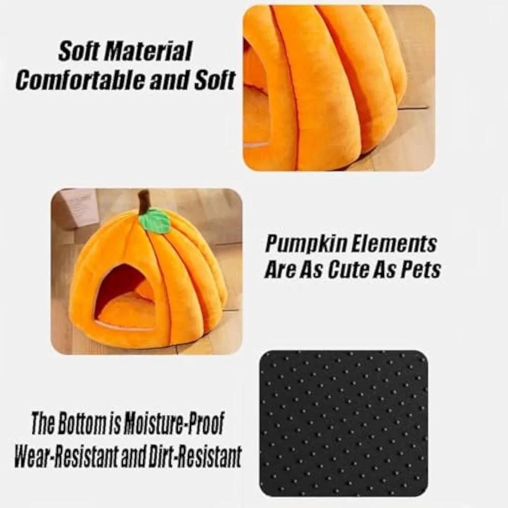 سرير كهف قطط على شكل يقطين مع وسادة قابلة للإزالة للحيوانات الأليفة الصغيرة