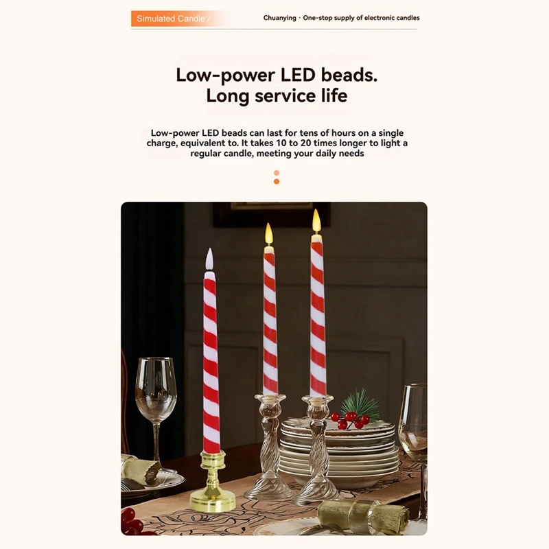 DT16 Flameless LED Christmas Taper Candles 6PCS, Battery Operated Flickering Cane Candle, 27.5cm Real Wax, for Xmas Centerpiece