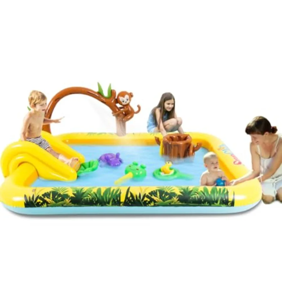 Outdoor inflatable jungle animal play center for backyard garden: PVC, green and brown, includes kid pool slide, sprinkler toy,