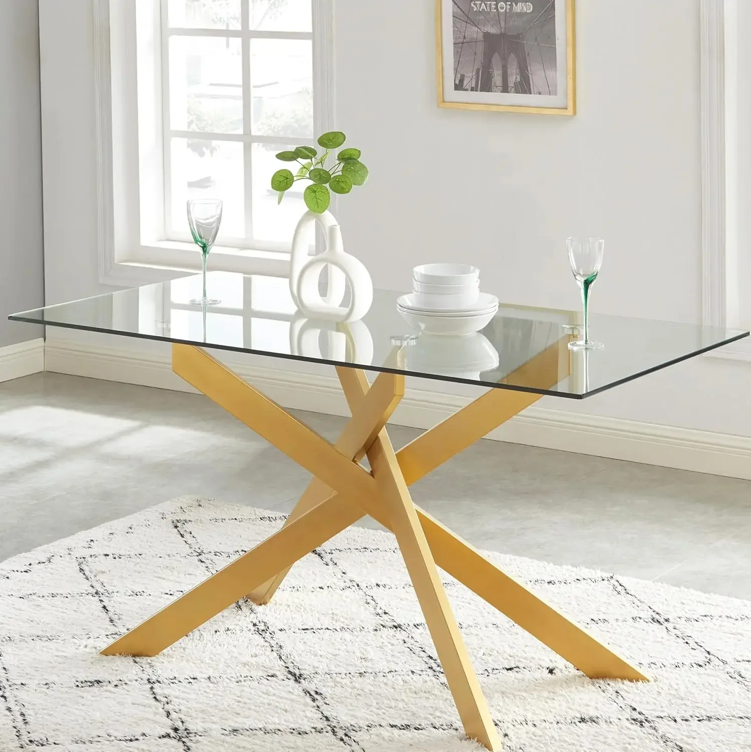 58.5” Rectangle Glass Dining Table, Tempered Glass Table Top and Metal Tubular Legs, Modern Style Table for Home, Kitchen