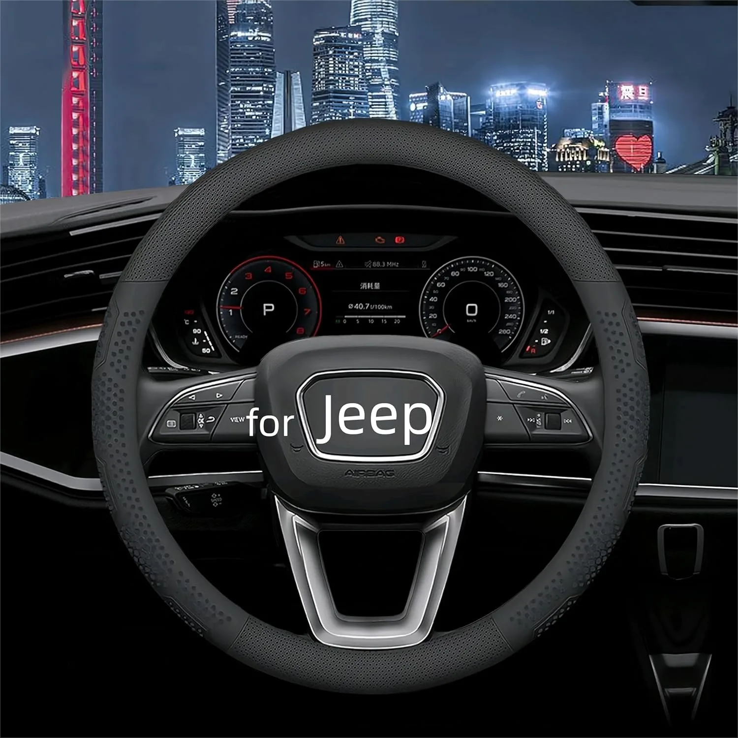 

Leather Steering Wheel Cover for Jeep Wrangler Grand Cherokee Compass, 14.5-15 inch Non-Slip Breathable Black