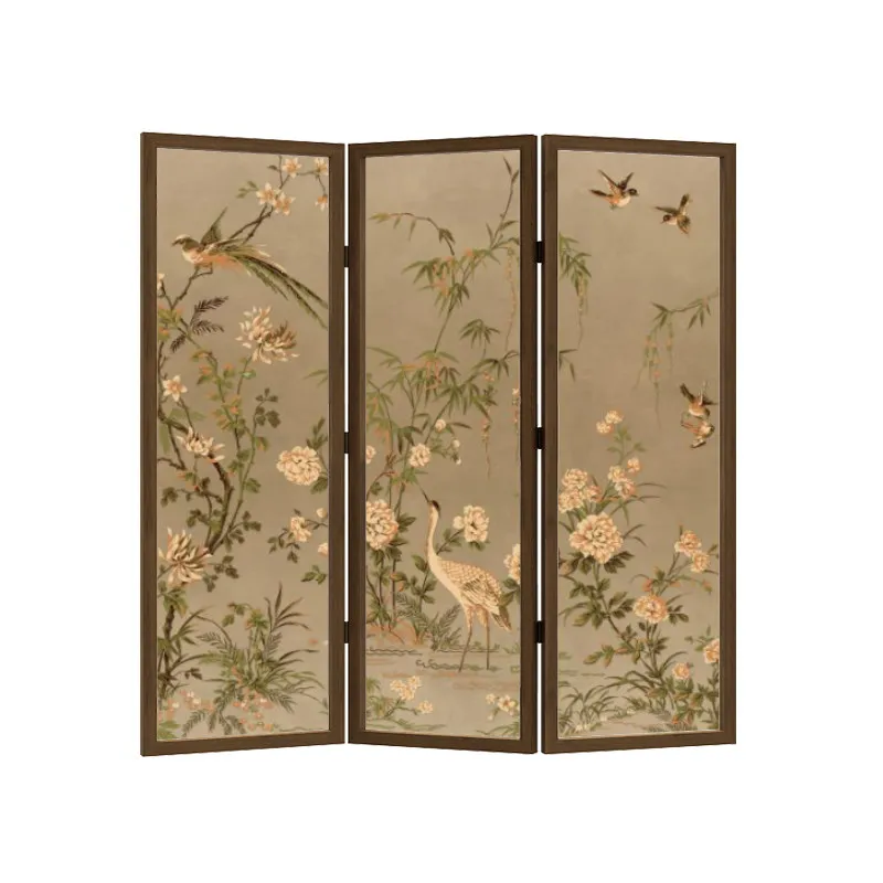 Factory Direct 2026 Chinese wind flower and bird solid wood screen folding mobile decoration living room partition blocking bed