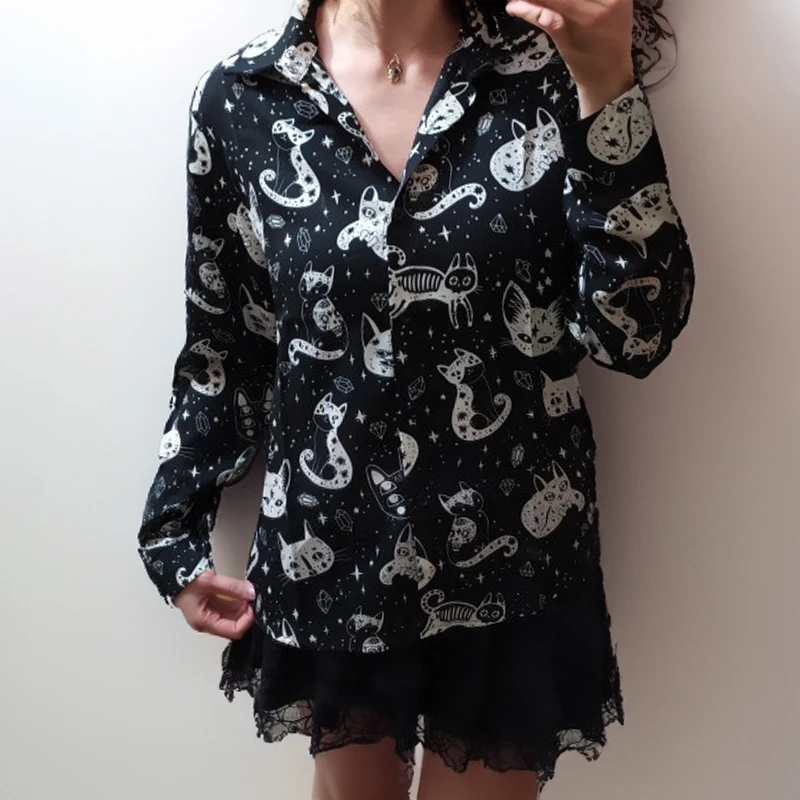 Kitty Print Shirt for Women Long Sleeve Turn-down Collared Button Down Cute Cartoon Blouse Ladies Spring Summer Kawaii Outfit