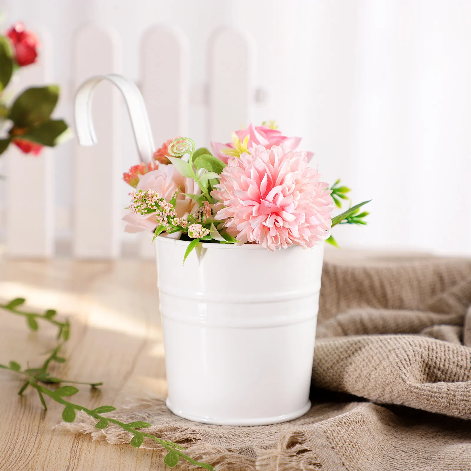 4Pcs Hanging Iron Planter Flower Bucket for Balcony Patio Deck Indoor Outdoor Garden Dried Silk Flowers Arrangement