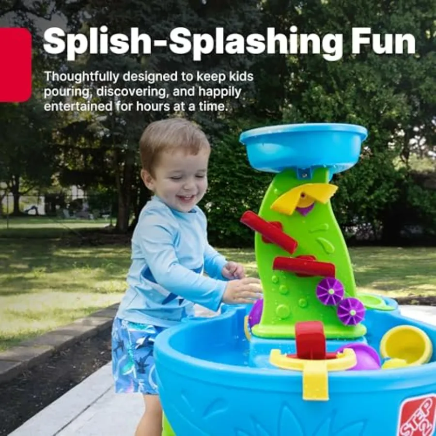 Rain Showers Splash Pond Water Table for outdoor summer sensory play, ABS plastic, blue green, includes 13-piece water and sand