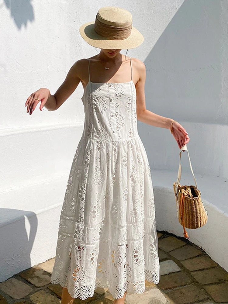 GypsyLady Elegant French Chic Strappy Dresss White Cotton Backless Hollow Out Embroidery Women Ladies Vocation Dresses Vestidos