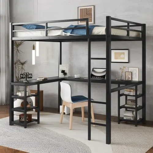 Loft Bed Full With Desk And Storage Shelves,Heavy Duty Metal Loft Bed With Ladder For Kids Teens Adults,Noise Free,Black