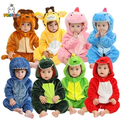 MICHLEY Dinosaur Baby Rompers Winter Hooded Flannel Toddler Infant Clothes Overall Bodysuits Jumpsuit Costume For Kids Halloween