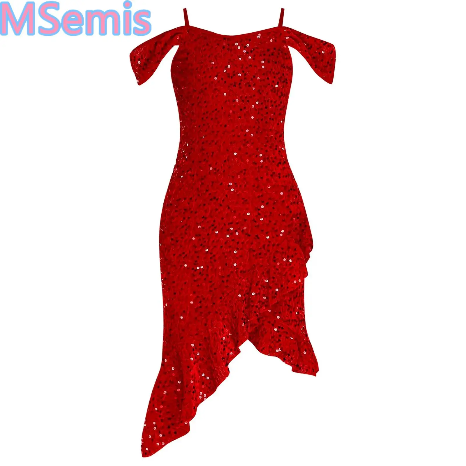 

Girls Off Shoulder Sequin Party Dress Adjustable Sparkly Sleeveless Irregular Hem Birthday Party Banquet Wedding Princess Gowns