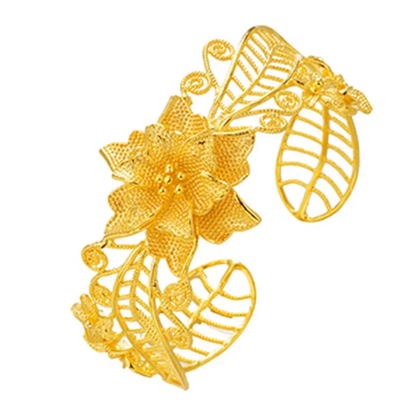 女性のための花の中空ブレスレット,純粋な金メッキ,18k,本物の,花嫁のためのジュエリー,結婚式,100% 24k