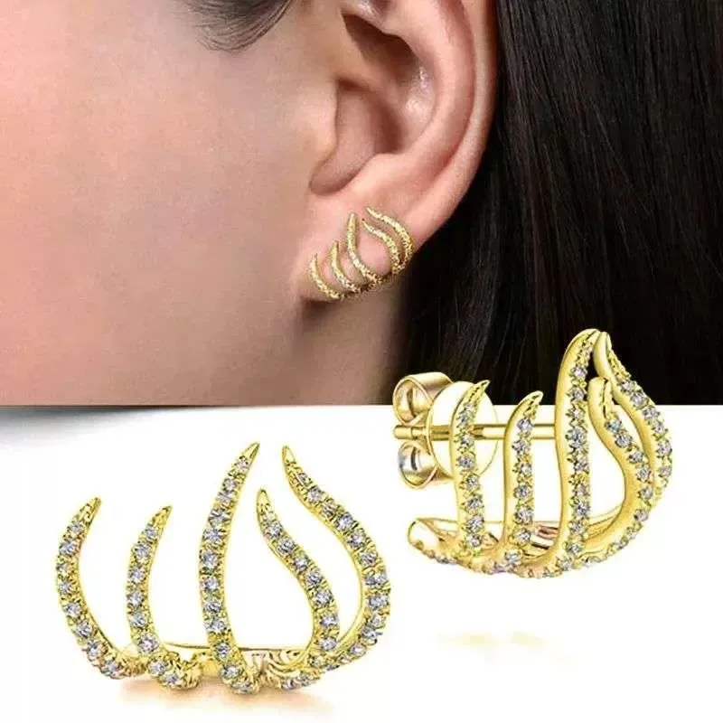 Trendy Crystal Five Claw Stud Earrings for Women Golden Color Simple Geometry Metal Statement Jewelry Punk Girls Gift