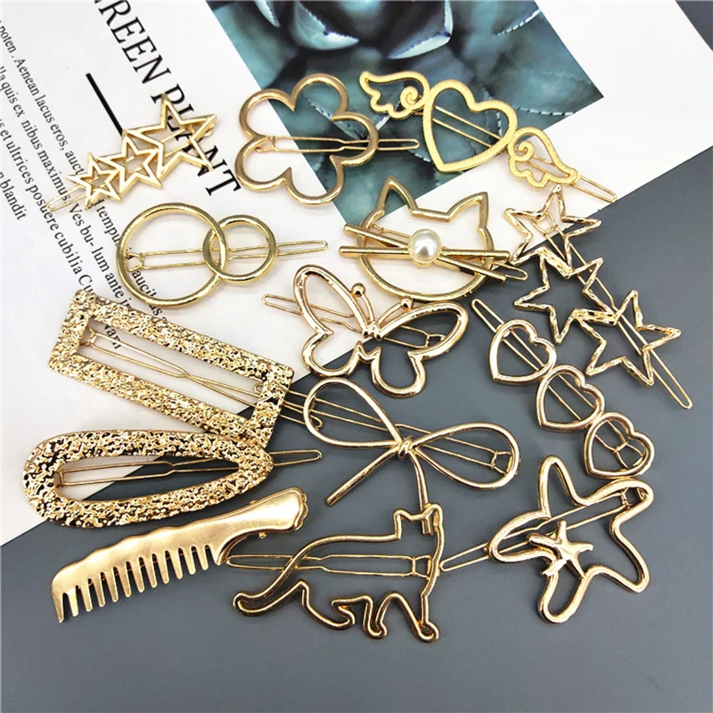 10pcs Cute DIY Hair Accessories Simple Metal Hairpin Geometry Hollow Out Bobby Pins for Girls Gold Butterfly Clips Hair Kawaii