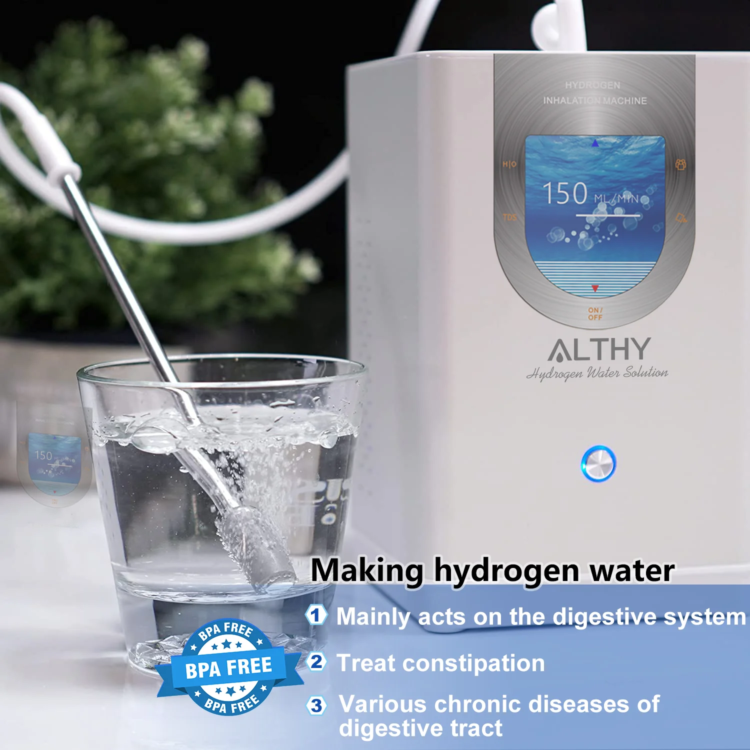 ALTHY Hydrogen Inhalation Machine & Hydrogen Water Generator 99.99% High Purity Low Noise H2 Inhalation SPE/PEM 150ml/min