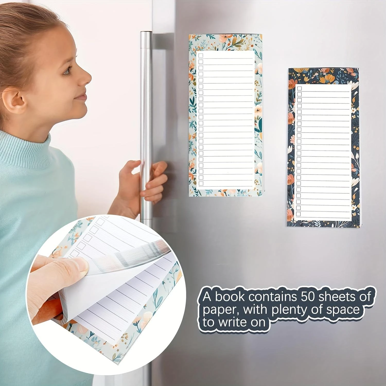4 Stück magnetische, selbstklebende Notizbücher mit Blumenmuster, 1 Notizbuch/50 Blatt, Einkaufsliste, Aufgabenlisten, Memoboard für den Kühlschrank – Detail 3