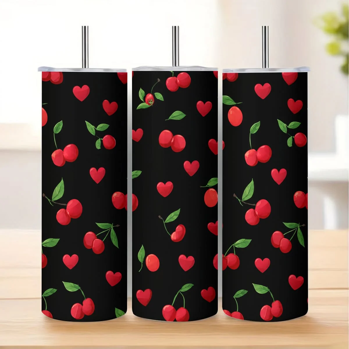 1pc 20oz Red Cherry And Heart Pattern Stainless Steel Insulated Tumblers Coffee Office Travel Mug with Lid Cup Daily Use Leakproof And Bpa Free Keep Drink Hot And Cold Ideal Gift for Friends Family Colleagues on Birthday Christmas Valentine S Day