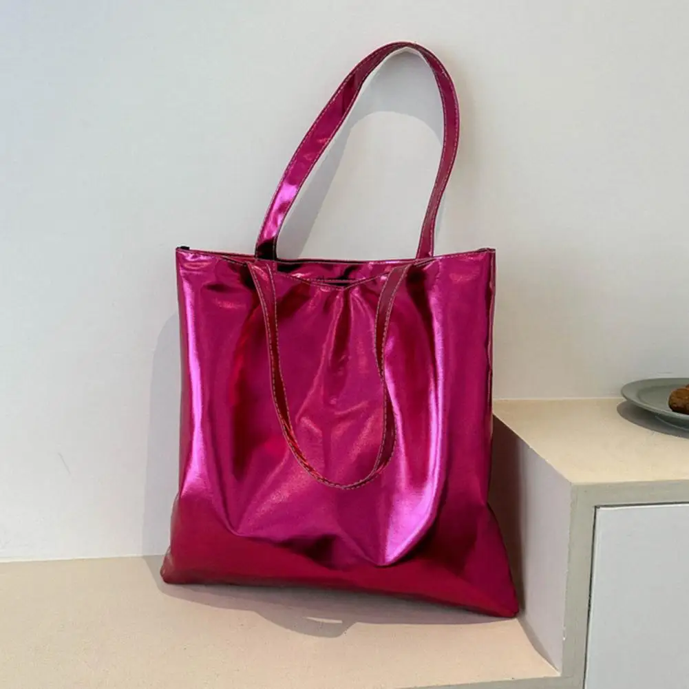 

Artificial Leather Bag Stylish Glossy Tote Bags for Women High Capacity Shoulder Handbag Fashionable Faux Leather Purse for Date