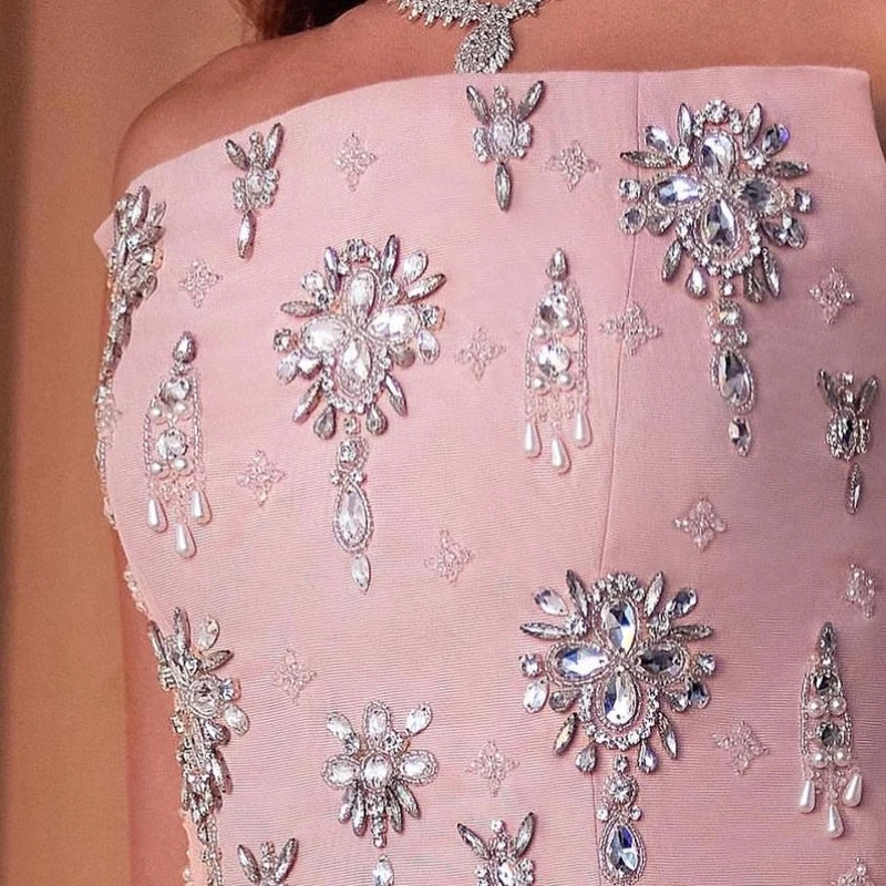 فستان Jirocum وردي على شكل حرف A للحفلات الراقصة للنساء مطرز بالكريستال للحفلات المسائية بأربطة بدون أكمام بطول الأرض فساتين مناسبة رسمية #5