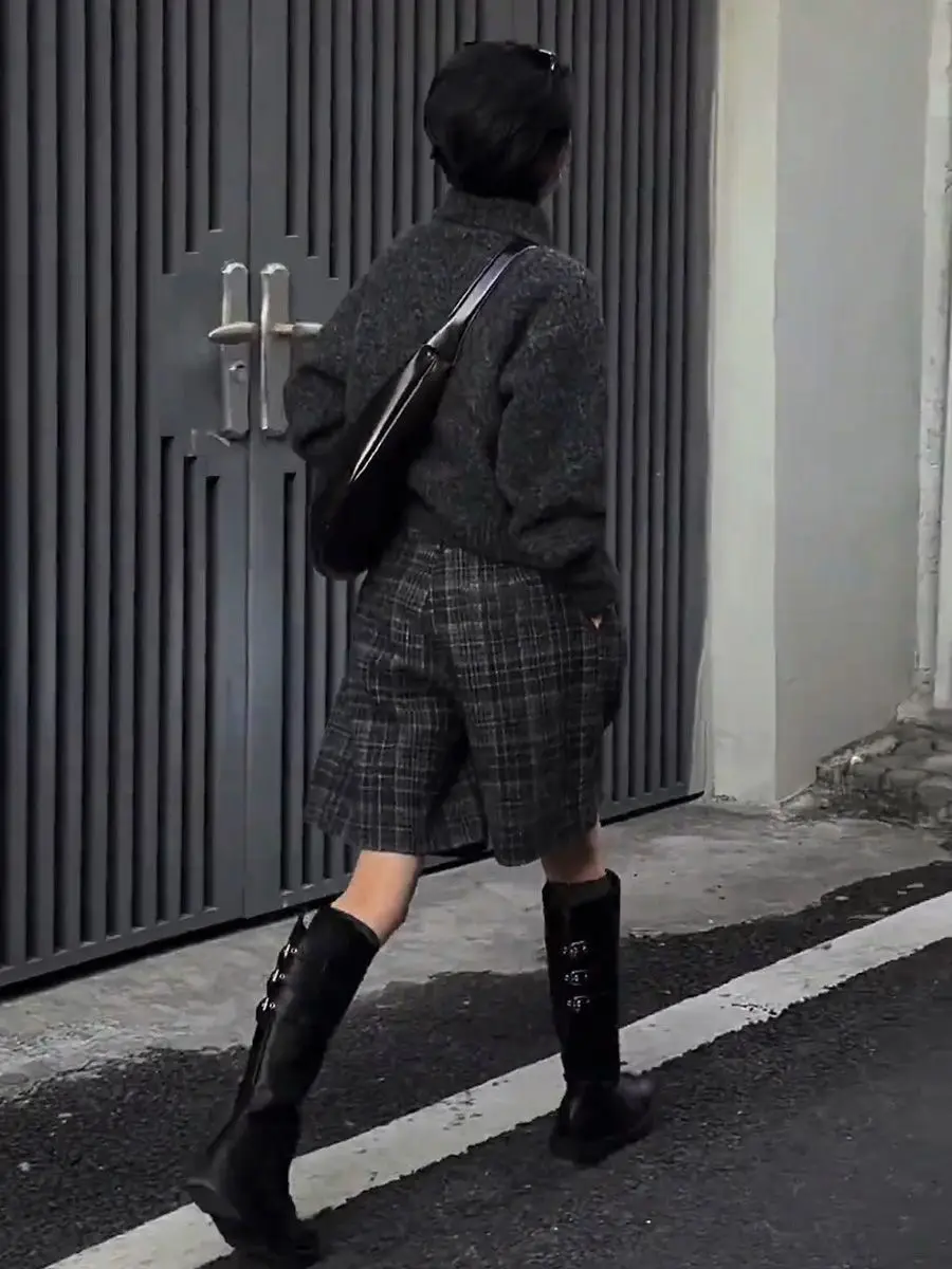 European Plaid Woolen Shorts For Women In Autumn And Winter 2025, New Elastic Waisted Fashionable Loose Boots And Pants