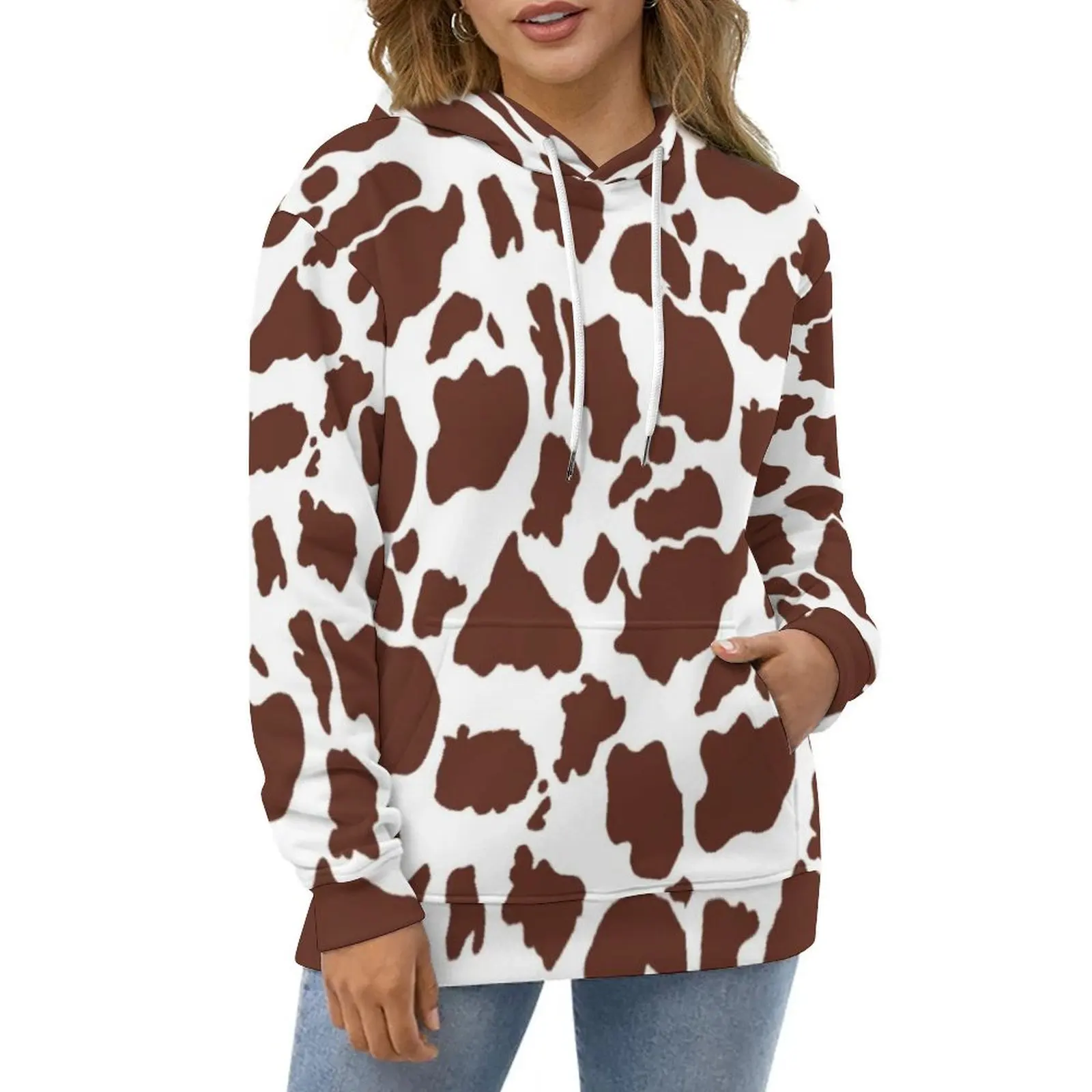 

Brown White Cow Print Casual Hoodies Animal Pullover Hoodie Unisex Long-Sleeve Korean Fashion Design Loose Oversized Clothing