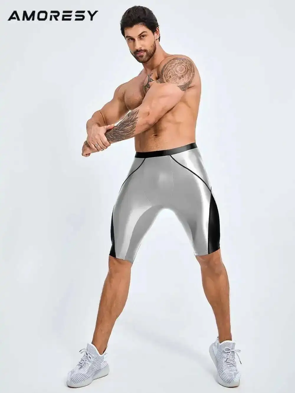 شورت جري أسود للرجال من الساتان اللامع للياقة البدنية في الهواء الطلق، مقاس كبير، قيعان رياضية