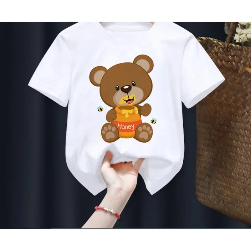 T-shirt manches courtes pour enfants, blanc, petit ours, animal, t-shirts pour filles et garçons, décontracté, football en peluche, mignon, été, nouveau