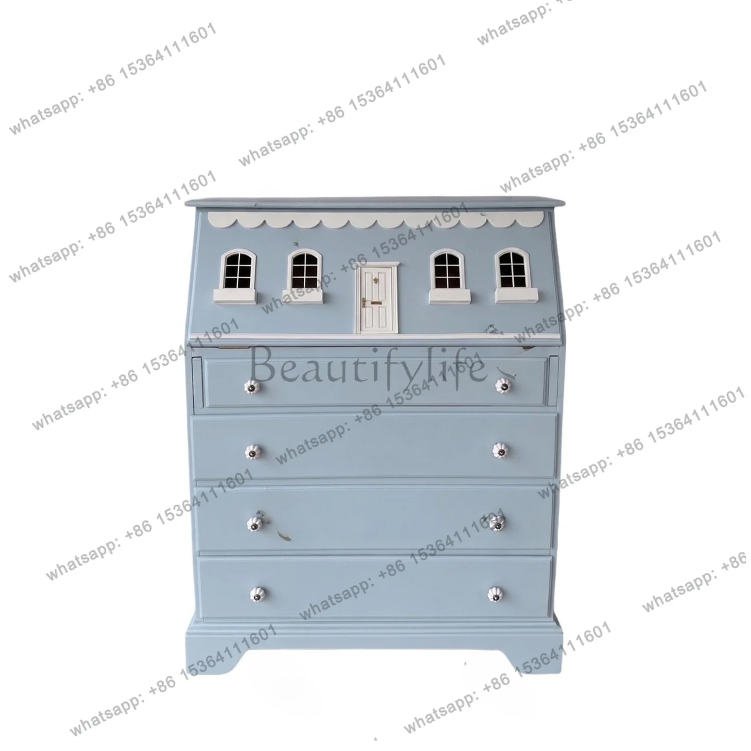 PG French children's fun flip solid wood chest American fresh light blue multi-drawer storage bedroom locker