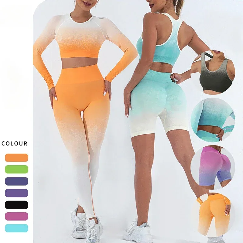 Seamless Yoga Gradient color Sets Sports Fitness Peach Hip-lifting Pants Long-Sleeved Suits Workout Gym Shorts Sets for Women