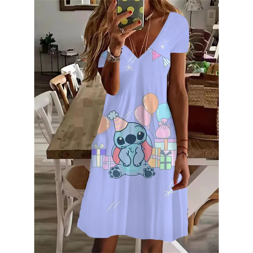 Modisches Design New Y2K Sommer Damen Disney Lilo & Stitch Print Kleid knielangen V-Ausschnitt weiblich lässig elegantes Kleid