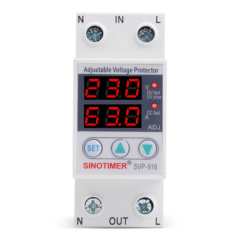 SINOTIMER Home Usage Dual LED Display 63A Din Rail 230V Adjustable Voltage Surge Protector Relay with Limit Current Protection