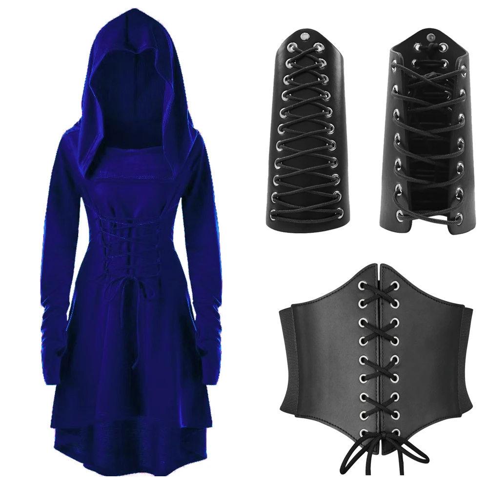 Disfraz de hada renacentista para mujer, 3 piezas, con capucha, con puño de piel sintética, ajustable, para Halloween