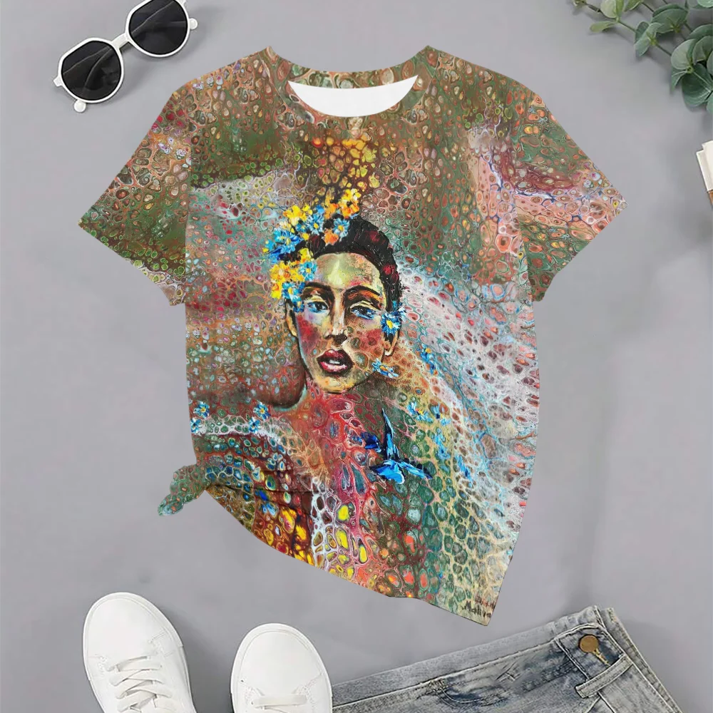 

Женская разноцветная футболка с абстрактным принтом лица - летняя повседневная модная футболка с круглым вырезом и коротким рукавом
