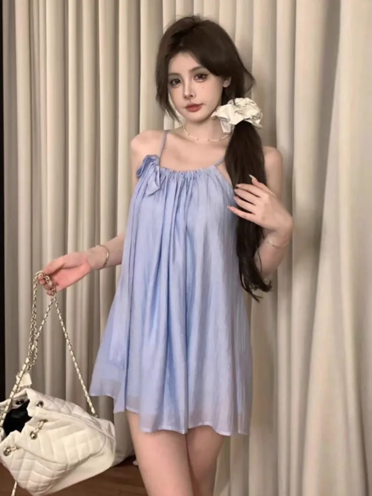 Ezgaga Mini Dresses Women Sleeveless Bowknot Lace Up Loose Slash Neck French Style Solid Sweet Elegant Dress Female Casual