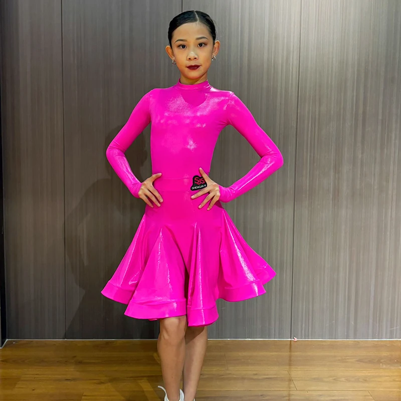 Girls Latin Dance Performance Dress Kids Long Sleeved Bright Pink Practice Clothes Chacha Rumba Tango Latin Dance Wear DN16905