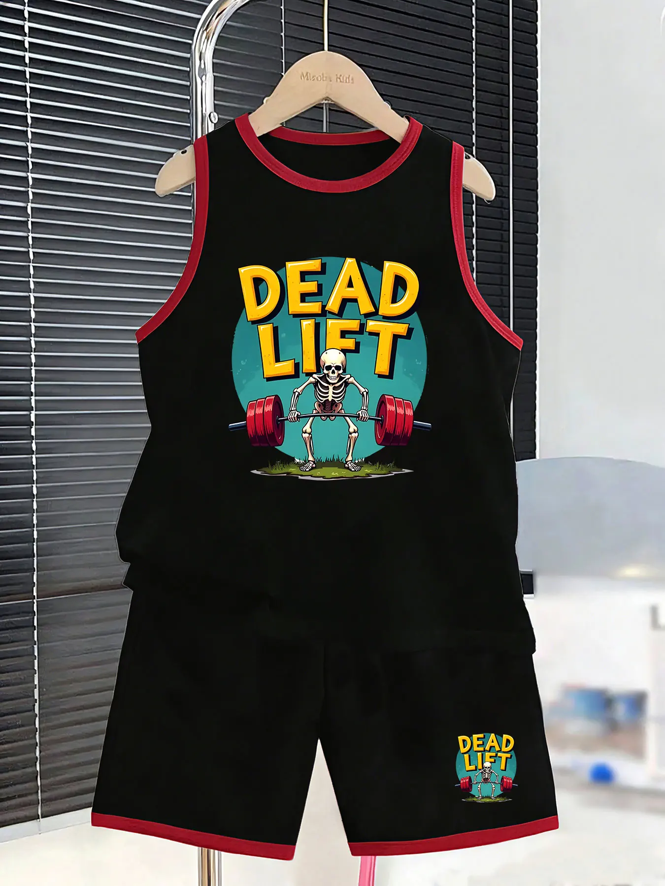 Cool and Trendy Fitness-themed Tank Top and Shorts Set for Boys, Creating a Vibrant Summer Look. Selected skin-friendly and brea