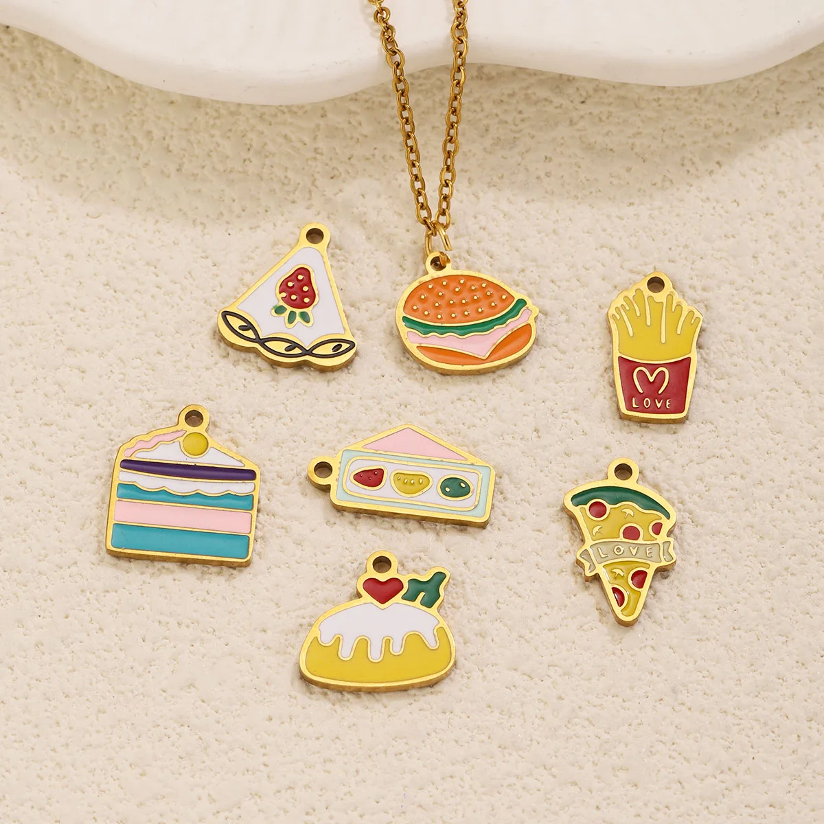 4pc Enamel Cute Food Charms French Fries Hamburger Cream Cake Pendants for Necklaces Earrings Handmade DIY Jewelry Accessories