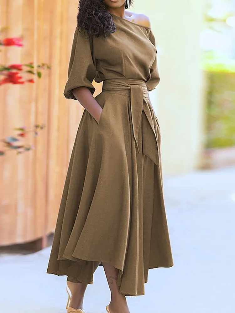 Temperament Simple Style Solid Color Dresses Women Fashion Half Sleeves Slant Collar Leace-up Irregular Dress Female New Vestido