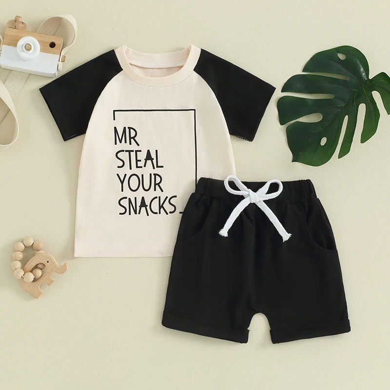 

Baby Boys Shorts Set Short Sleeve Letters Print T-shirt with Elastic Waist Shorts Summer Outfit