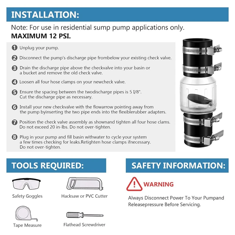 1-1/2Inch CV-150 Sump Pump Check Valve, Spring Loaded Flapper For Backflow Prevention, Silent Check Valve With Clamps Durable